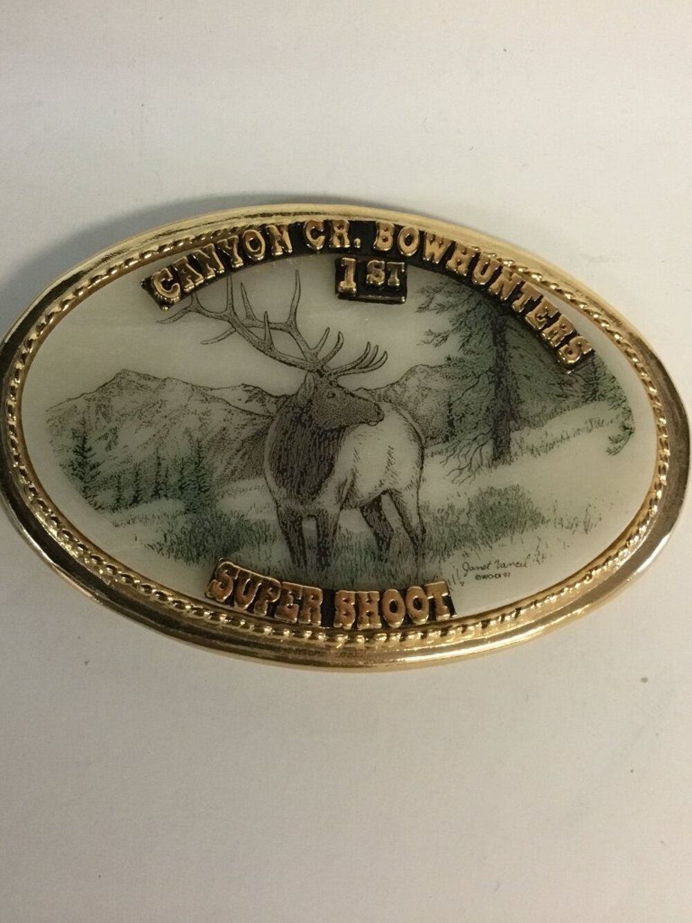 Vintage Oval Belt Buckle With 1997 Elk Janet Vancil Art Made in USA